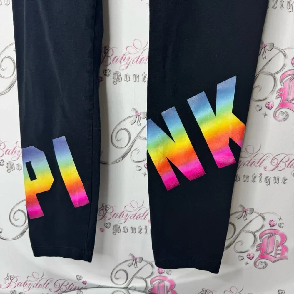 PINK Victoria's Secret Black and Pink Leggings with Stretchy Fit rainbow logo - Picture 2 of 6